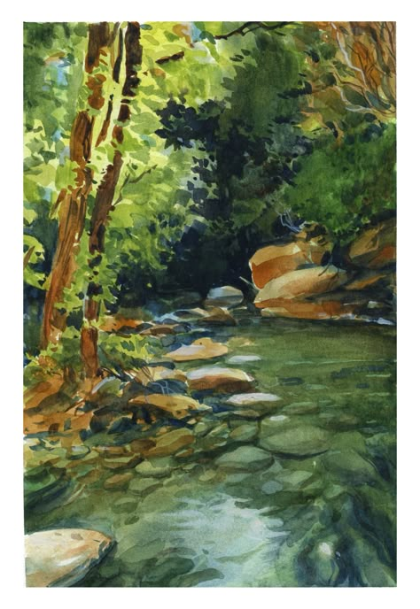 Texas watercolor. Bull Creek, Austin TX. Watercolor on 140 lb cold press paper. A.J. Garces Watercolor Creek Painting, Watercolor Stream, Waterfall In Watercolor, River Watercolor, Texas Landscape Paintings, Wet On Wet Landscape Watercolor, Rocks In Water Painting, Stream Watercolor, Nature Watercolor Art