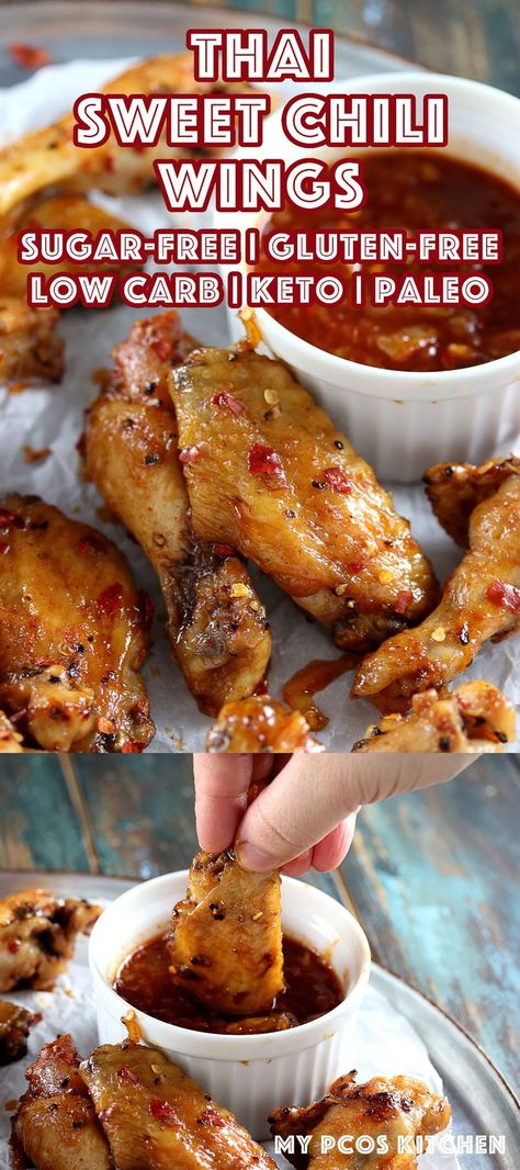 Sweet Chili Thai Chicken Wings - My PCOS Kitchen - Delicious low carb, paleo and keto Asian chicken wings/ #keto #chickenwings #paleo #thaifood #sugarfree #glutenfree Chili Thai Chicken, Thai Chicken Wings, Sweet Chili Wings, Chili Wings, Asian Chicken Wings, Asian Chicken, Almond Joy, Thai Chicken, Gluten Free Sugar Free