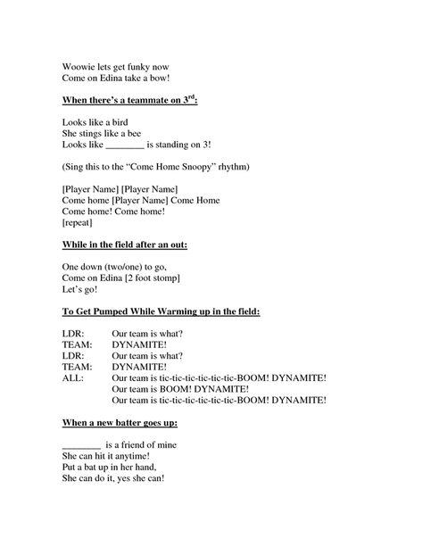 Edina Softball Cheers _ Chants by wpr1947 We Will Rock You Softball Chant, Softball Chants For Numbers, Softball Chants For Batters, Softball Cheers And Chants Funny, Soft Ball Chants Softball Cheers, Easy Softball Chants, Softball Cheers For The Dugout, Softball Chants And Cheers, Softball Chants For Dugout