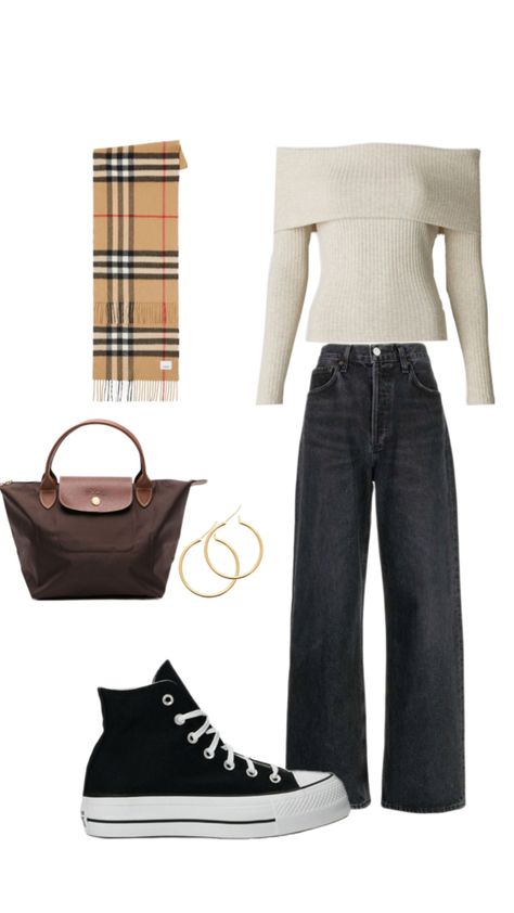 fall outfit Long Champ Bag Outfit, Burberry Bag Outfit, Burberry Scarf Outfit, Long Champ Bag, Long Champ, Burberry Outfit, Scarf Outfit, Burberry Scarf, Converse Black