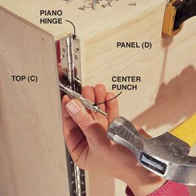 use a center punch when installing the piano hinge Countertops Laminate, Workbench With Storage, Kitchen Countertops Laminate, Folding Workbench, Replacing Kitchen Countertops, Piano Hinge, Plywood Siding, Bookcase Diy, Oak Plywood