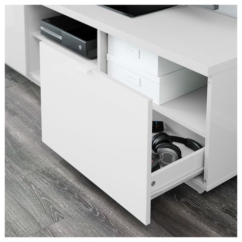 IKEA - BYÅS TV bench high gloss white Small Tv Stand, Ikea Tv, Tv Bank, Dorm Furniture, Tv Bench, Tv Storage, Plastic Foil, Painted Drawers, Media Furniture