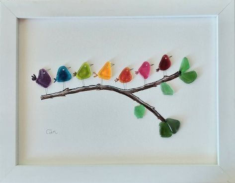 Sea Glass Artwork, Sea Glass Art Projects, Seaglass Art, Birds On A Branch, Glass Picture Frames, Glass Art Projects, Beach Glass Art, Pebble Pictures, Sea Glass Crafts