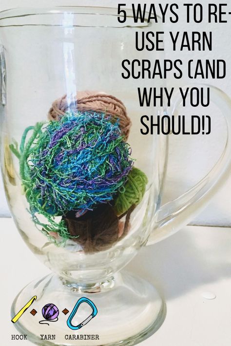 Wondering what to do with your yarn scraps? Don't throw them away! Here are five ways to use those scraps. Re-use, reduce, recycle! Let's all cut down on our yarn waste and work on re-using our yarn. Pattern round-up. Hookyarncarabiner.com #hookyarncarabiner #yarnscraps #how-to #scrapghan #yarn #re-use #tipsandtricks #tips #reduce #recycle Waste Yarn Projects, What To Do With Yarn Scraps, Yarn Scrap Projects, Crochet Math, Scrap Yarn Crochet Projects, Recycle Yarn, Yarn Hacks, Scrap Crafts, Yarn Scraps