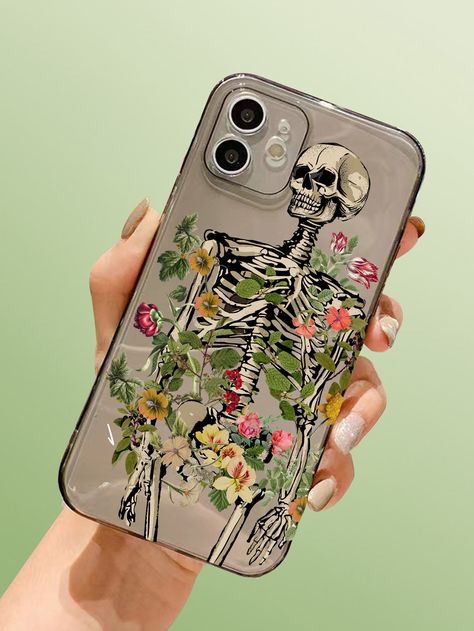 Black    TPU Floral Phone Cases Embellished   Phone/Pad Accessories Skull Pattern, Pattern Phone Case, Skeleton, Phone Case, Phone Cases, Pattern