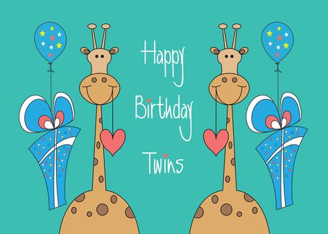 Birthday for Twins, Two Giraffes with Hearts, Balloons & Gifts card Happy Birthday Twins Boy And Girl, Happy Birthday Twins, Birthday Twins, Fantasy Cards, Cute Birthday Ideas, Happy First Birthday, Birthday Postcards, Twin Birthday, Balloon Gift