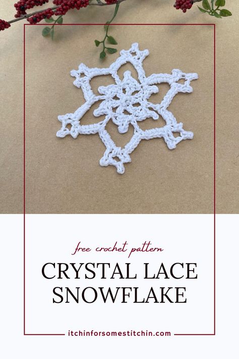 Crochet the Crystal Lace snowflake with this free pattern! Featuring intricate frost-like details, this delicate snowflake design is perfect for adding winter elegance to your holiday decor. Use it as an ornament, gift topper, or garland decoration. Includes step-by-step instructions and video tutorial. Crochet Christmas Ornaments Snowflake, Easy Crochet Snowflakes Free Patterns, Crochet Xmas Gifts, Snow Crochet, Chanukah Decorations, Lace Snowflakes, Lace Crochet Patterns, Moon Crochet, Crochet Snowflake