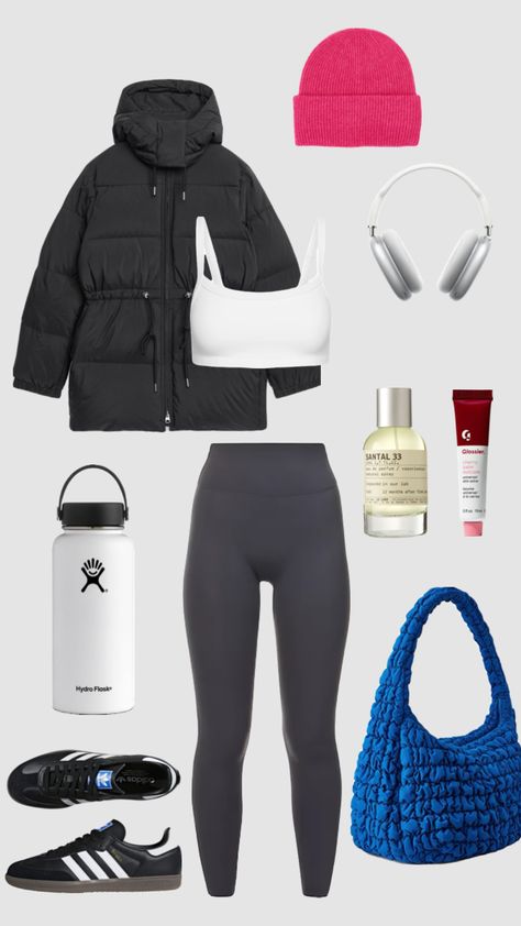 Embrace the chill in style with our warm and sporty winter workout outfit! This neutral ensemble is paired with vibrant accessories, featuring a trendy blue quilted cross-body bag, a hot pink beanie, Adidas Sambas, and Apple headphones. Elevate your fitness fashion game while staying snug and fashionable. ❄️🏋️‍♀️ #outfitinspo #beauty #ootd #inspo #fitinspo #outfit #clothes #cleangirl #winter #winterfashion #workout #gym #adidas Winter Workout Outfit, Work Attire Summer, Hot Pink Beanie, Workout Outfits Winter, Apple Headphones, Beanie Outfit, Pink Beanie, Adidas Sambas, Winter Workout