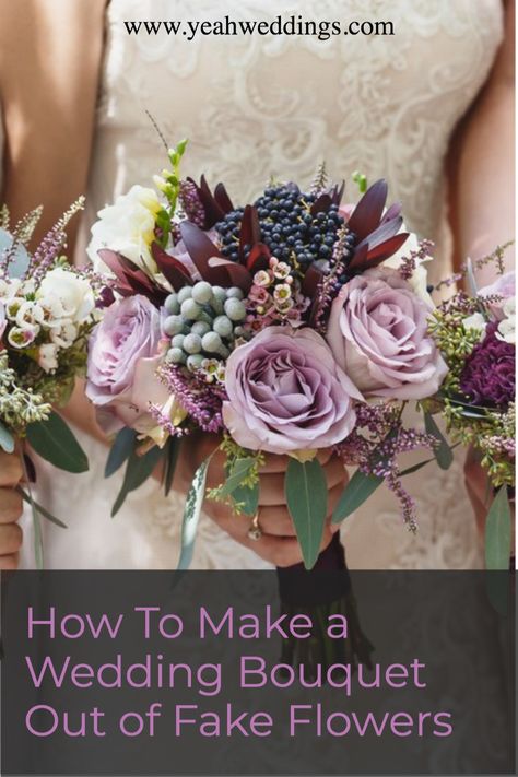 Diy Faux Flower Bouquets Wedding, Diy Artificial Bouquet Wedding, Diy Silk Flower Arrangements Wedding, Making Bride Bouquet, Artificial Wedding Flowers Centerpieces, Fake Wedding Bouquet Diy, How To Make A Bridal Bouquet With Artificial Flowers, Diy Wedding Bouquet Fake Flowers Purple, Diy Bouquet Wedding Artificial Flowers How To Make