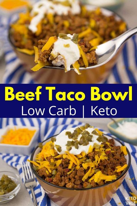 Love taco bowl? Try this cheesy low carb and keto friendly beef taco bowl! #tacobowl #beeftacobowl #ketotacobowl #ketotaco #lowcarbtaco #ketodiet #ketorecipes #lowcarbrecipes #taco #beef #ketovale Taco Beef, Low Sugar Dinners, Taco Bowl Recipe, Taco Bowl, Keto Beef, Low Carb Mexican, Low Carb Low Fat Recipes, Beef Taco, Low Carb Tacos