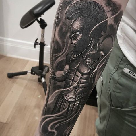 Mighty Achilles. Cheers James. @oculustattoo #Inkjecta #RonMeyersGreywash #ElectrumStencilProducts #StarBriteColors Gladiator Tattoos, Viking Tattoos For Men, Forearm Cover Up Tattoos, Tatuaje Cover Up, Greek God Tattoo, Gladiator Tattoo, Spartan Tattoo, Greek Mythology Tattoos, Forarm Tattoos