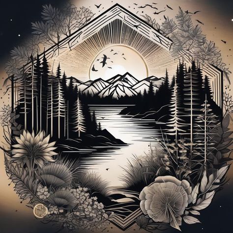 Dream Catcher With Mountains Tattoo, Nicole Tattoo, Moon Mushroom, Mountains Tattoo, Forest Tattoo, Mushroom Tattoo, Cool Nature, Camping Scene, Scenery Art