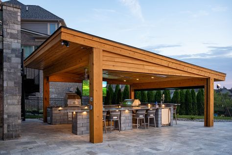 Commercial Outdoor Kitchen, Pergola Over Outdoor Kitchen, Concrete Hardscape, Michigan Landscaping, Solar Pergola, Outdoor Bar And Grill, Carport Patio, Covered Outdoor Kitchens, Gazebo On Deck