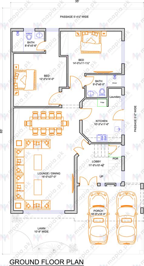 35x70 House Plans Pakistan, Architecture Notes, Two Bedroom House Plans, House Plans With Loft, Residential Plan, 10 Marla House Plan, House Plan With Loft, Map Layout, Indian House Plans