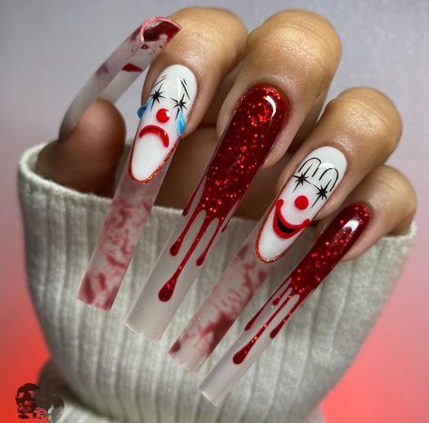 Clown Nails, Circus Nails, Party Manicure, Cherry Products, Halloween Press On Nails, Halloween Acrylic Nails, Nails For Women, Clean Nails, Nail Arts