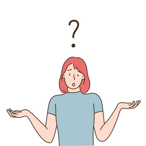 A woman with a question mark floating above her head is making a gesture of raising her shoulders. hand drawn style vector design illustrations. Any Questions Image For Presentation, Question Mark Aesthetic, Question Drawing, Thought Illustration, Question Mark Illustration, Questionable Images, Question Illustration, Questions Aesthetic, Question Aesthetic