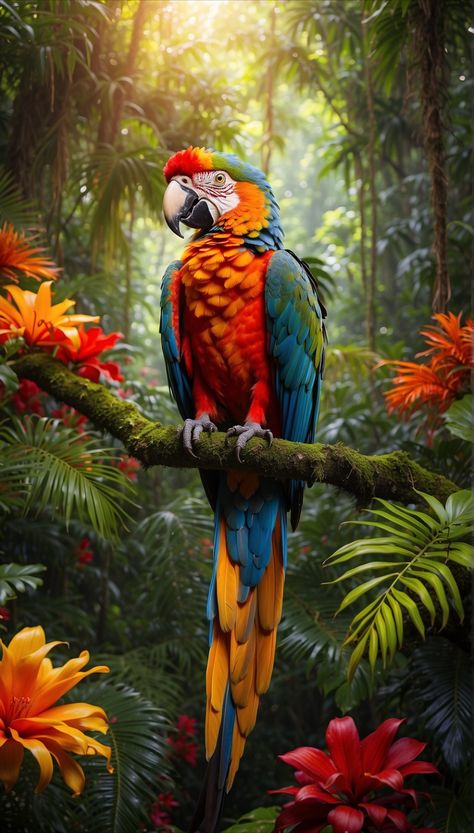 The image was created using a neural network. #ara #parrot #animal #ai Tropical Rainforest Animals, Birds Scenery, Macaw Art, Rainforest Birds, Parrot Wallpaper, Parrot Painting, Colorful Parrots, Exotic Bird, Tropical Rainforest