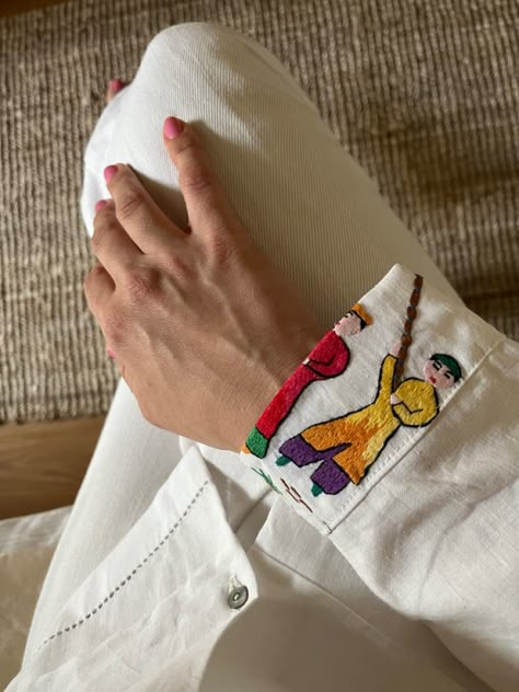 Hand embroidery on shirt upcycled colorful textile art Illustration Embroidery, Embroidered Linen Shirt, Diy Embroidery Shirt, Linen Style Fashion, Simple Hand Embroidery Patterns, Upcycled Textiles, Kids Frocks Design, Embroidery Tshirt, Hand Embroidery Patterns Flowers