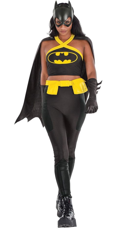 PRICES MAY VARY. Gotham City Style: Party City's Adult Batman Costume lets you take on Gotham City with unmatched style and comfort. Inspired by athleisure wear, this Batman look features a cropped halter top and high-waisted leggings with plenty of flex for all-night ease. Size M. Detailed Design: Complete your look with the molded mask, detachable cape, gauntlets, and a utility belt with real pouches for storage. The criss-cross neckline and leather-look panels add a touch of authenticity to t Batman Costume Women, Halloween Birthday Parties, Dc Costumes, Batman Costumes, Detachable Cape, Dc Comic Costumes, Cropped Halter Top, Superhero Theme Party, Batman Costume