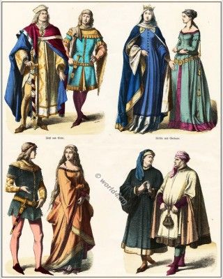 14th century clothing. Middle ages gothic costumes. Court dress, Gown of German nobility. Medieval fashion ideas 14th Century Fashion, 14th Century Clothing, Court Attire, Gothic Costume, Medieval Garb, German Outfit, Medieval Clothes, Late Middle Ages, German Fashion