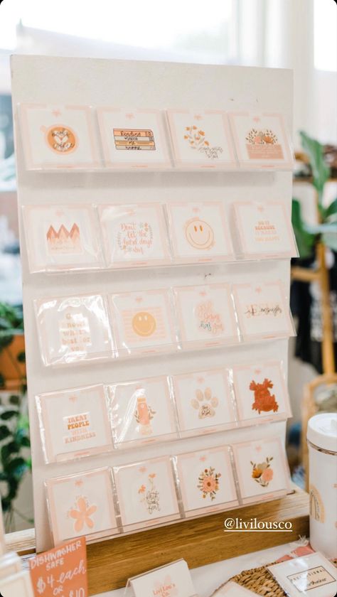 Card Shop Display, Vendor Booth Sticker Display, How To Display Stickers For Sale, Sticker Market Display, Sticker Display Ideas Retail, Diy Sticker Display, Sticker Display Ideas, Sticker Display, Craft Displays