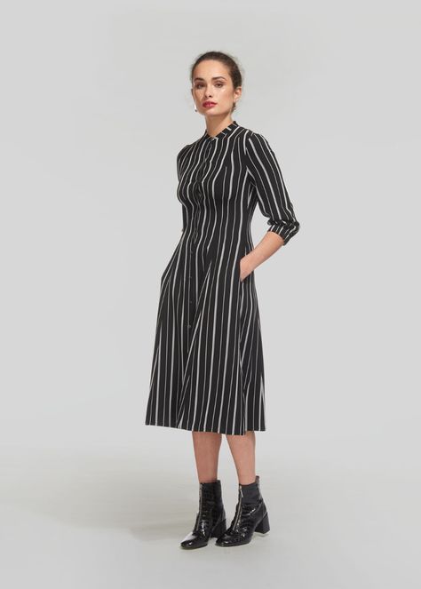 Leesa Stripe Shirt Dress, Black and White | WHISTLES | Whistles Dress Winter Outfit, Vertical Striped Dress, Shirt Dress Black, Classic Shirt Dress, Winter Dress Outfits, Pinstripe Dress, Dress Winter, Striped Shirt Dress, Dress Black And White