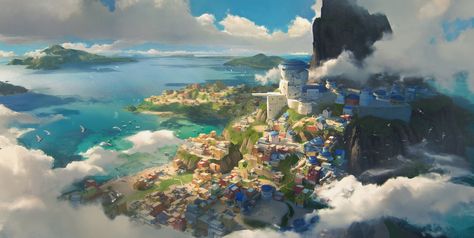 Island town, Jonathan Bertaud on ArtStation at https://www.artstation.com/artwork/bKQW6d Island Town, Fantasy Background, Fantasy Island, Location Inspiration, Fantasy City, Fantasy Places, Fantasy Concept Art, 판타지 아트, Environment Design