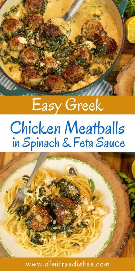 Need a new easy dinner recipe? Try this Greek-style juicy chicken meatballs in rich and creamy spinach and feta sauce. You’ll be surprised by how easy this chicken dinner recipe is to make. Serve the meatballs over pasta for a quick and easy dinner for the whole family! Feta Dishes Dinners, Greek Turkey Recipes, Feta Meatballs, Feta Sauce, Feta Cream Sauce, Chicken Meatballs With Spinach, Chicken Spinach And Feta Recipes, Chicken And Feta Recipes, Baked Lemon Butter Chicken Meatballs With Creamy Spinach Orzo