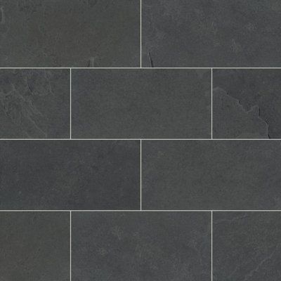 Montauk black gauged slate tile has a natural finish that will add visual and textural allure to residential or commercial expanses. Floor and wall tile has a modern black tone and a low sheen to create a fashionable statement in bathrooms or any space in need of a refresh. Highly skid-resistant, use it for shower walls, floors, countertops, backsplash, accent walls, foyers, or fireplace facade to give your home or office a contemporary vibe. Exterior applications are suitable in locales that do Hearth Pad, Blue Subway Tile, Slate Floor, Fireplace Facade, Slate Flooring, Slate Stone, Slate Tile, Tiles Texture, Beautiful Tile