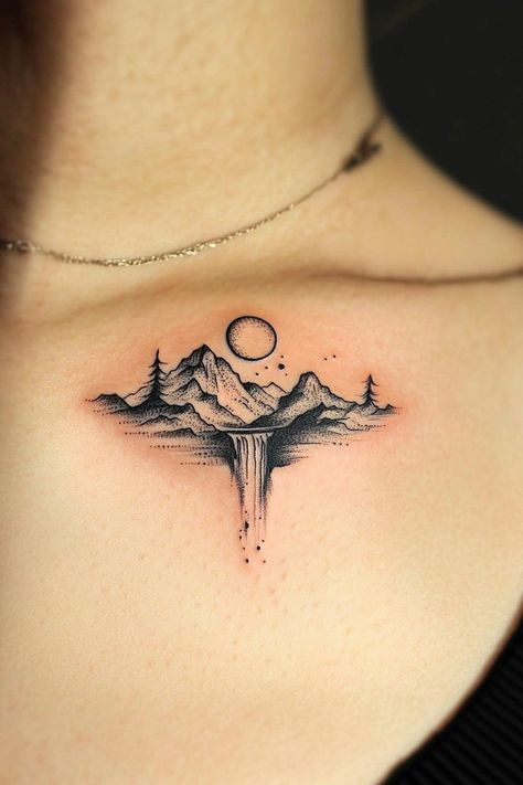 77 Chic and Simple Mountain Tattoo Design Ideas for Every Minimalist – Refined Aesthetique Valley And Mountain Tattoo, Spine Tattoos Mountains, Snowflake Mountain Tattoo, Montana Tattoo For Women, Western Mountain Tattoo, Horizon Tattoo Minimalist, Mountain And Trees Tattoo Design, Acator Tattoos, Trees And Mountains Tattoo