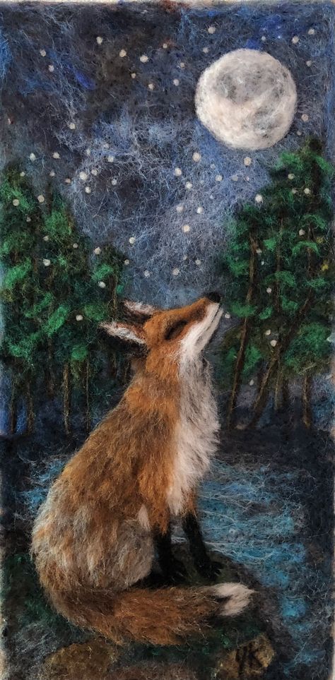 Needle felted “Zen Fox” 12”X6” by Julie King 2024 Fox Needle Felt, Seasonal Gnomes, 2d Felting, Julie King, Felted Pictures, Wool Painting, Felt Fox, Felt Pictures, Group Projects