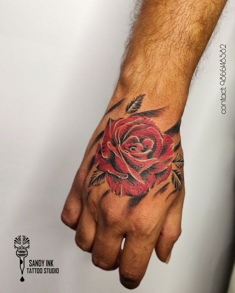 Red Rose Hand Tattoo, Flower Tattoo On Hand, Rose Flower Tattoo, Red Flower Tattoos, Rose Flower Tattoos, Rose Hand Tattoo, Tattoo On Hand, Tattoo Red, Rose Tattoos For Men