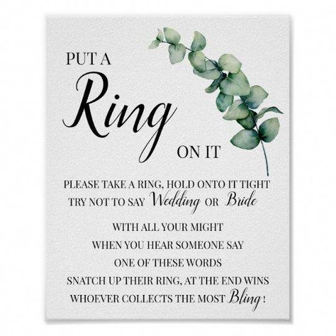 FREE Design Tool on Zazzle! Shop Put a Ring Eucalyptus Bridal Shower Game Sign created by Designsplusmore. Personalize it with photos & text or purchase as is! Recipe For Happy Marriage, Shower Eucalyptus, Wedding Shower Signs, Wedding Game, Couples Bridal Shower, Wedding Shower Decorations, Wedding Shower Games, Gift Poster, Bridal Shower Brunch