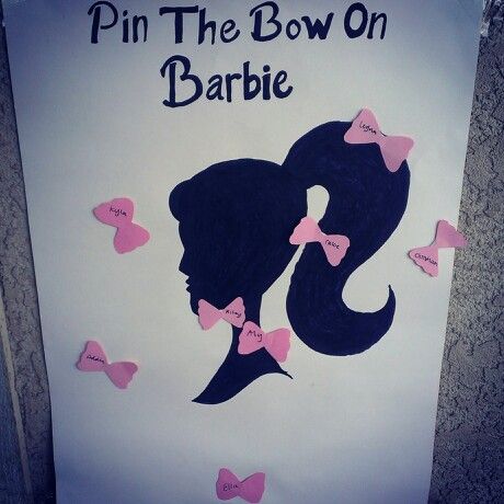 Pin the bow on the barbie game! Super easy to make! Barbie Themed Birthday Party Decor Diy, Pin The Bow On Barbie, Barbie Dance Camp Ideas, Barbie Birthday Games For Kids, Barbie Decorations Diy, Prom Activities Party Games, Barbie Games To Play, Barbie Camping Birthday Party, Barbie Themed Crafts