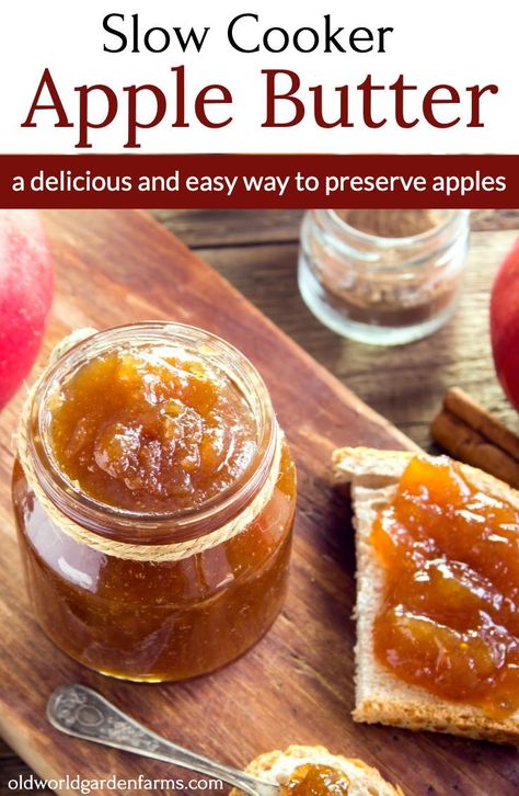 How to make Apple Butter in the Slow Cooker. Spread it on toast, bagels, or use it in tarts to make a delicious dessert. #applebutter #apple #recipes #easy #preserving #canning #freezer #jams #jellies #Fall #dessert #Autumn #breakfast #oldworldgardenfarms Baking Recipes Apple, Amish Apple Butter Recipe, Autumn Baking Recipes, Apple Recipes Crockpot, Homestead Cooking, Homemade Whole Wheat Bread, Apple Butter Crock Pot, Slow Cooker Apple, Autumn Baking