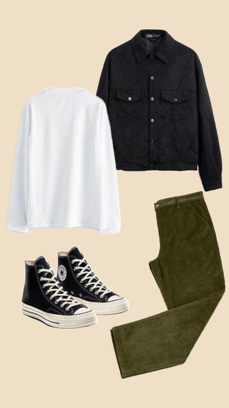 Green corduroy pants, black Converse Chuck 70’s, white long sleeve t-shirt, black suede jacket Zara Green Corduroy Pants Outfit, Black Converse Chuck 70, Corduroy Pants Black, Corduroy Pants Outfit, Green Corduroy Pants, Black Suede Jacket, Corduroy Pants Men, Classy Outfits Men, Green Corduroy