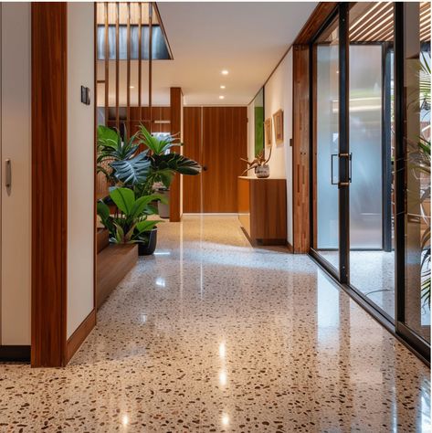 Mid Century Terrazzo Floor, Midcentury Modern Flooring Ideas, Mid Century Flooring Ideas, Mid Century Modern Flooring, Mid Century Modern Hallway, Mid Century Hallway, Modern Hallway Design, Mid Century Modern Entryway, Mid Century Renovation