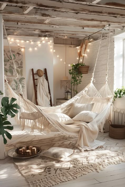 Discover how to transform your bedroom into a tranquil oasis with hammock inspirations that bring a touch of bohemian serenity to your space, inviting you to swing into relaxation and unwind in style. Click the link to explore more ways to create your own serene retreat! Hammock In Bedroom Over Bed, Swings In Room, Boho Tree House, Hammock Bedroom, Room Swings, Hammocks Inside, Living Room Hammock, House Hammock, Hammock Diy