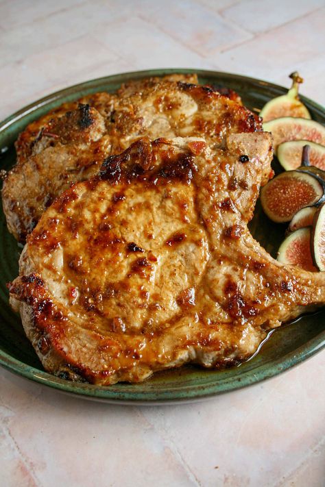 Pork Chops with a Spicy Fig Sauce - Feast Local Fig Pork Chops, Fig Pork, Recipe Pork Chops, Pork Chops In The Oven, Fig Sauce, Fig Butter, Center Cut Pork Chops, Mustard Pork Chops, Seared Pork Chops