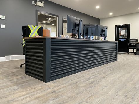 Corrugated Metal Furniture, Corrugated Metal Deck Skirting, Auto Shop Office Ideas, Black Corrugated Metal, Corrugated Metal Bar, Mechanics Office, Office Counter Design, Corrugated Metal Wall, Corrugated Metal Siding