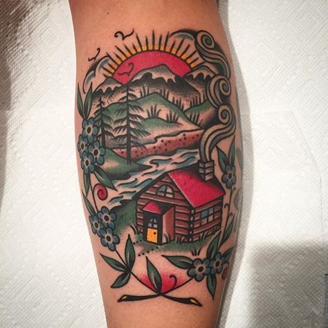 Fresh Tattoo Done by Nate Hudak Rembrance Tattoo, Forest Scene Tattoo, Traditional Tattoo Nature, Cabin Tattoo, Tattoo Pieces, Wilderness Tattoo, Scenery Tattoo, Camping Tattoo, Earthy Tattoos