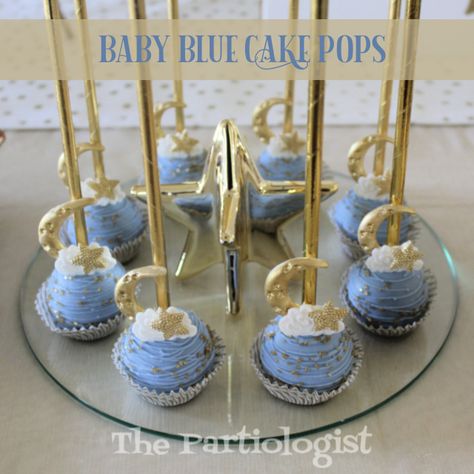 Twinkle Gender Reveal, Twinkle Twinkle Gender Reveal, Blue Cake Pops, Cheesecake Pops, Cream Cheese Mints, Gold Dessert, Edible Gold Leaf, My Moon And Stars, Stars And Moons