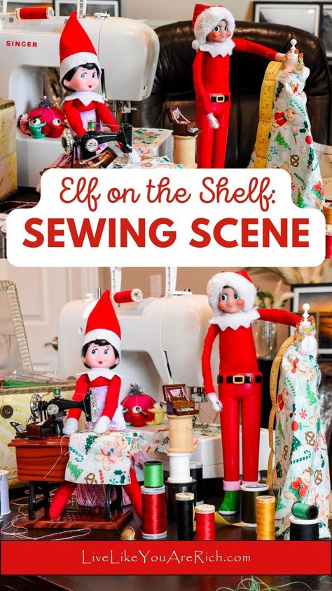 This is an Elf on the Shelf Sewing Scene that was left for us by our elves. I loved this scene, it is so darling; there were many miniature details that were cute. The elves were sewing on this antique sewing machine that had a manual hand wheel that moved the needle bar, the spool, and the foot pedal. Sibling Duo, Miniature Sewing, Sewing Details, Elf Fun, Elf Clothes, Antique Sewing Machines, An Elf, Sewing Machines, Favorite Pins