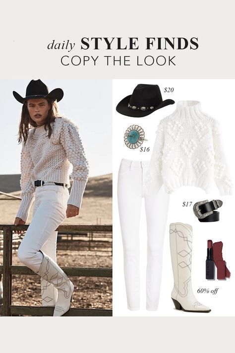 Western Fall All White Outfit: White Cowboy Boots, White Chunky Sweater, White Jeans, Western Look, Over 40 Fall Outfit, Over 40 Style Cowboy Boots White, White Chunky Sweater, Over 40 Style, Jeans Western, White Cowboy Boots, Elegant Bohemian, Boots White, All White Outfit, Outfit White