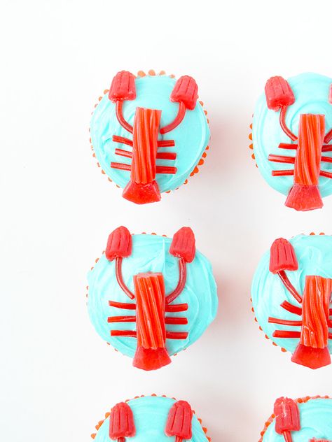 Candy Lobster Cupcakes Lobster Cupcakes, Red Licorice, Blue Frosting, Handmade Charlotte, Bakery Ideas, Sea Birthday Party, Sea Birthday, Themed Cupcakes, Red Candy