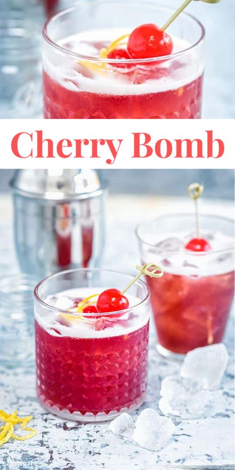 Cherry Bomb Cocktail Recipes, Booze Balls Cocktail Recipes, Cherry Brandy Cocktails, Red Cocktail Recipes, Red Cocktails Recipes, Red Cocktail Drinks, Funky Cocktails, Cherry Bomb Drink, Fancy Cocktail Recipes