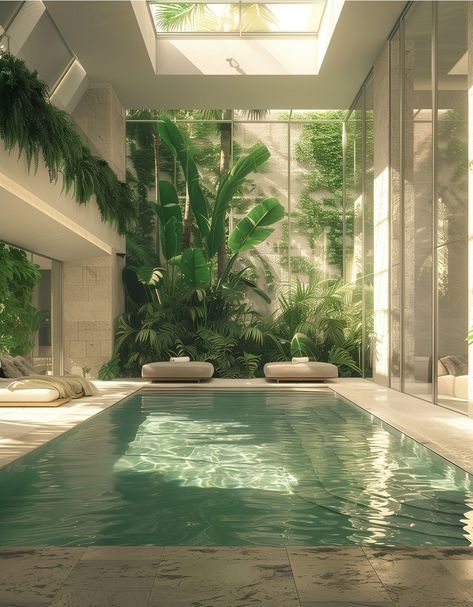 Private Indoor Pool, Indoor Pool With Plants, Spa Pool Aesthetic, Luxury Swimming Pools Outdoor, Indoor Pool Building, Pool Architecture, Lap Pools, Guest Bathroom Design, Indoor Swimming Pool Design