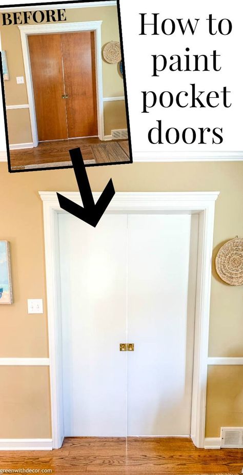 If you’re wondering how to paint pocket doors, follow this simple DIY tutorial to get them painted quickly and easily! These pocket doors look so pretty now that they're painted white. She used the easiest paint roller to get the project done! Click for the simple DIY painting tutorial! #diy #paint #painteddoors #pocketdoors Farmhouse Pocket Door, Pocket Doors Diy, Plywood Floors, Floors Laminate, Kid Furniture, Small Cafe Design, Living Room Wall Decor Ideas, Creative Living Room, Plywood Flooring