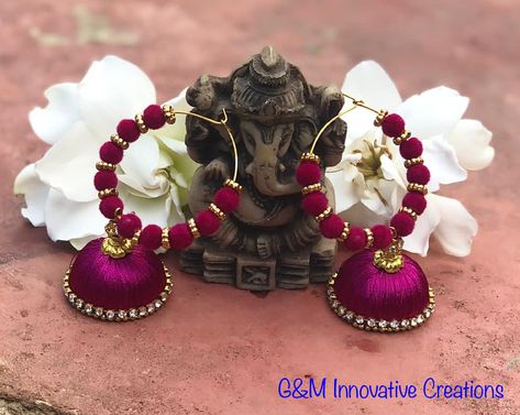 Handmade Jhumkas For Ceremonial Diwali, Fabric Jhumka Earrings, Traditional Handmade Jhumkas For Rituals, Handmade Red Jhumkas, Silk Thread Jhumka, Silk Thread Jhumkas, Silk Thread Earrings Designs, Silk Bangles, Thread Bangles Design