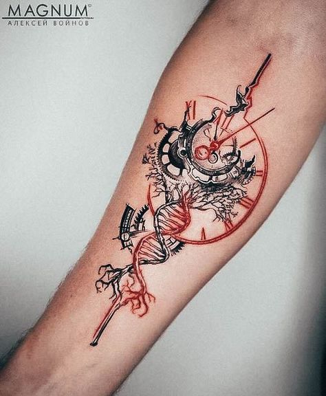 Trash Polka Clock, Dna Tattoo, Trash Polka Tattoo, Trash Polka, Dreamcatcher Tattoo, Future Tattoos, Tattoos For Women, Watercolor Tattoo, Tatting